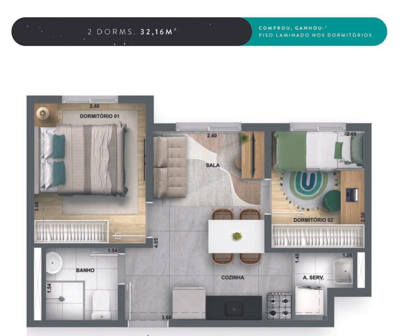 2 Dormitórios sem sacada