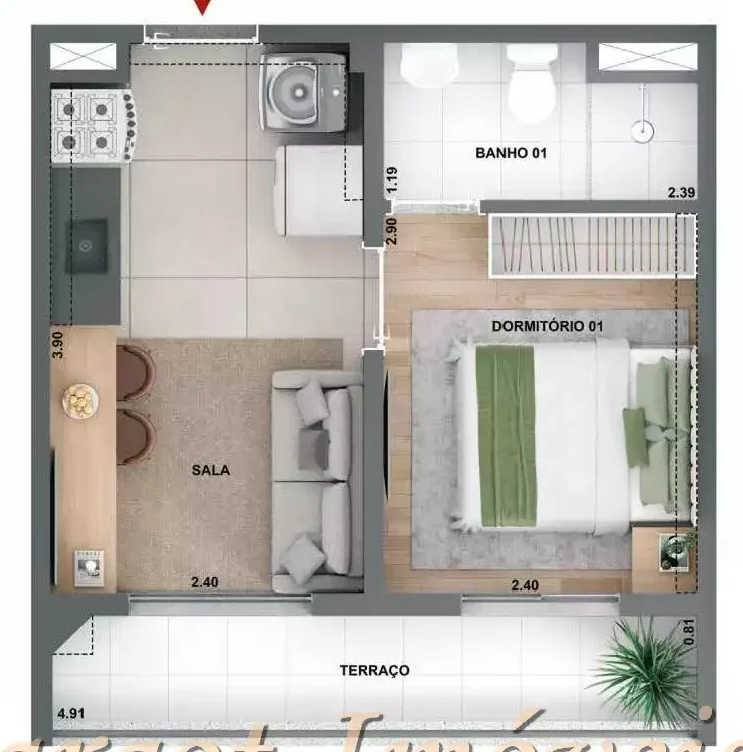 1Dormitórios com Suíte e Terraço