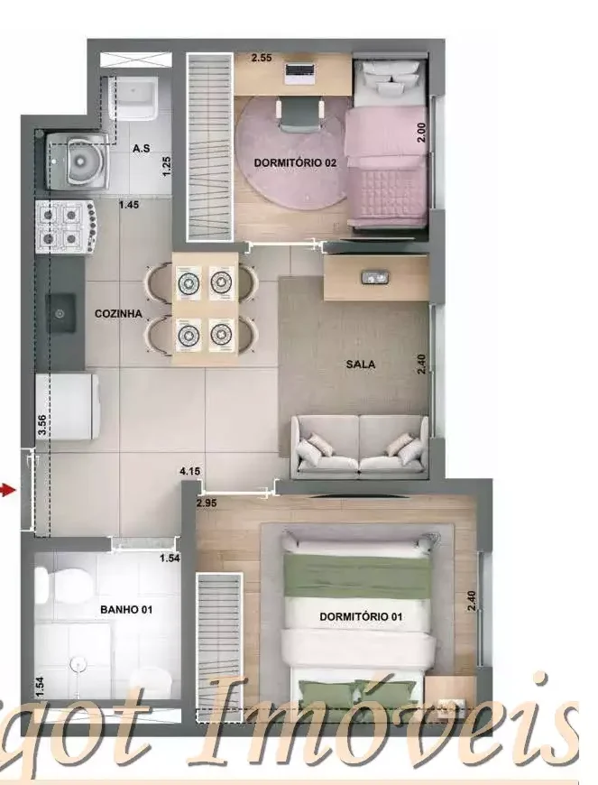 2 Dormitórios sem Terraço Sem Vaga