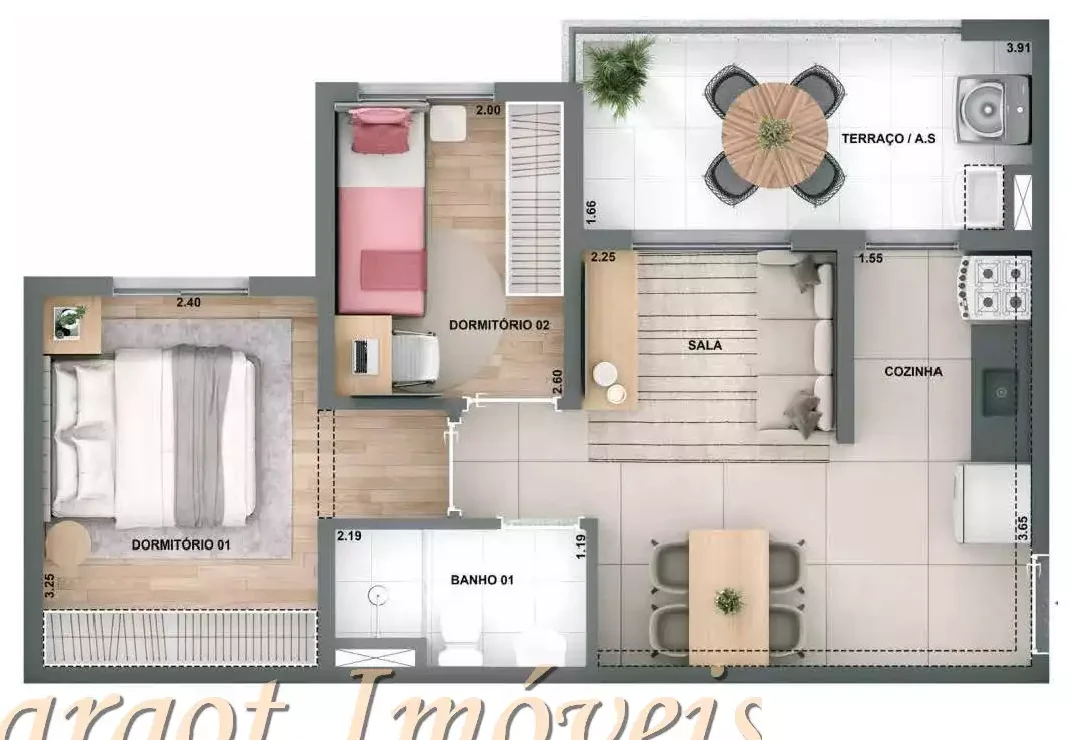 2 dormitórios com Terraço